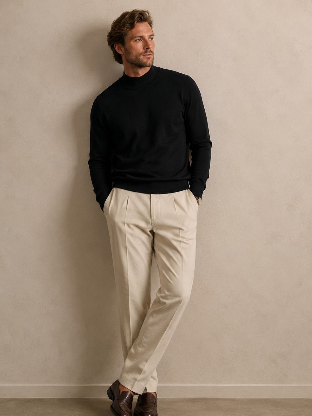 Black Silk Men Mock Neck Sweater Pullover Minimalist Quiet Luxury Timeless